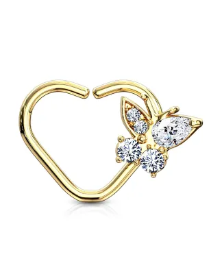 Piercing cartilage daith anneau coeur plaqué or papillon