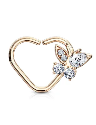 Piercing cartilage daith anneau coeur plaqué or rose papillon