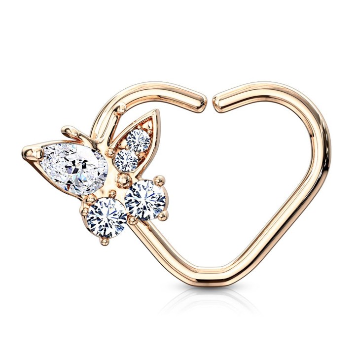 Piercing cartilage daith anneau coeur plaqué or rose papillon
