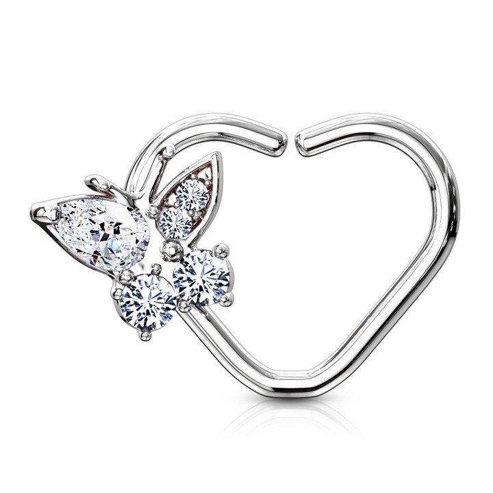 Piercing cartilage daith anneau coeur argenté papillon