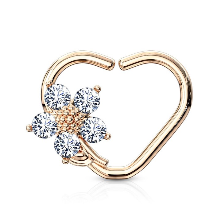 Piercing cartilage daith anneau coeur plaqué or rose fleur