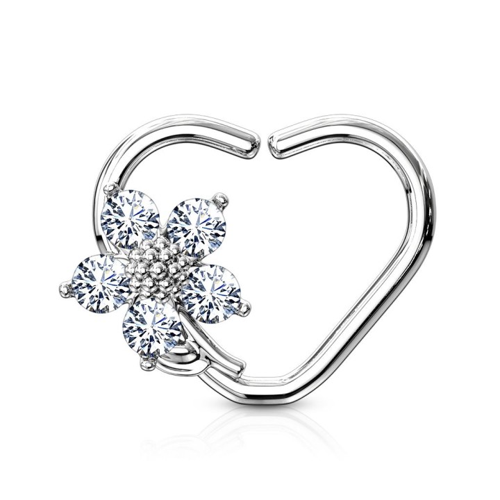 Piercing cartilage daith anneau coeur argenté fleur