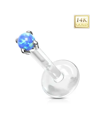 Piercing labret Bioplast et Or Blanc 14 Carats Opale Bleue