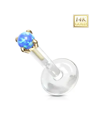 Piercing labret Bioplast et Or Jaune 14 Carats Opale Bleue