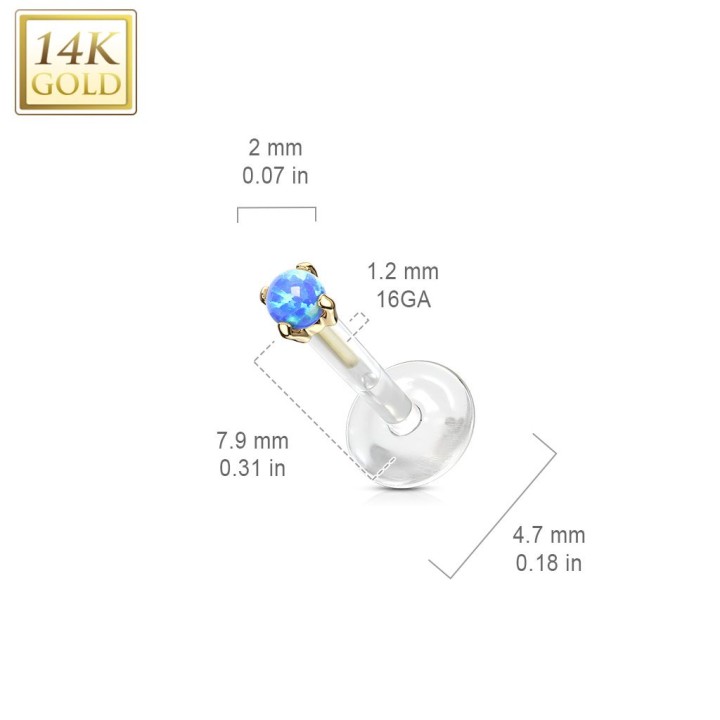 Piercing labret Bioplast et Or Jaune 14 Carats Opale Bleue