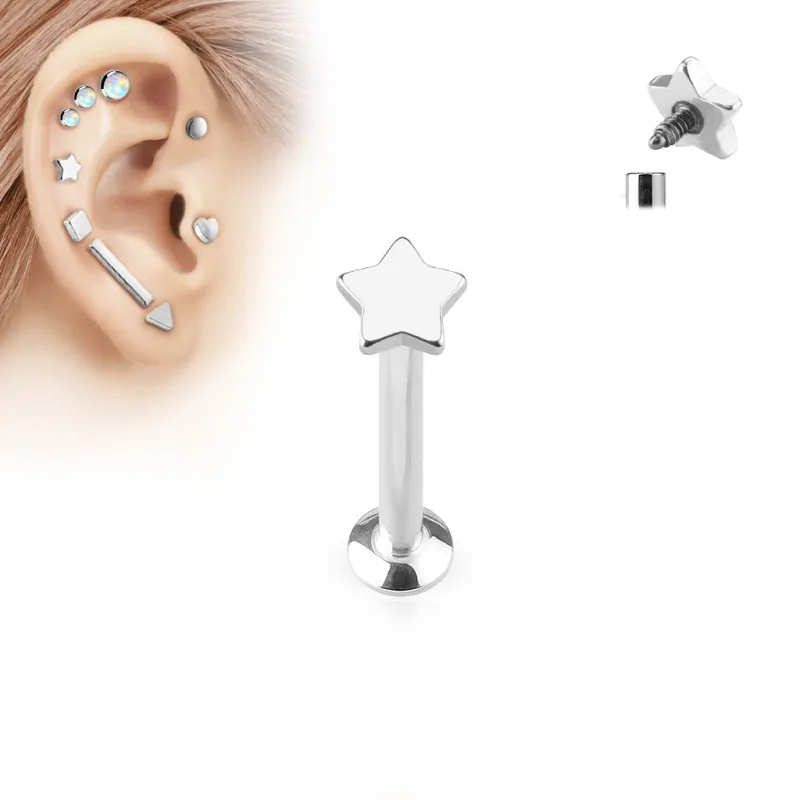 Piercing oreille labret vissage interne étoile argentée Piercing oreille labret vissage interne étoile argentée