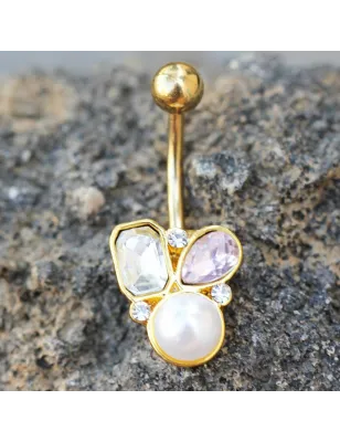 Piercing nombril plaqué or gemmes et perle