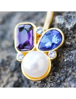 Piercing nombril plaqué or gemmes et perle