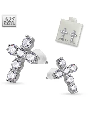 Paire boucles d'oreille argent croix pavée de strass