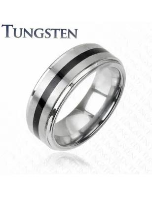 Bague Tungstène bande Noire centrale - Bague homme et femme en tungstene