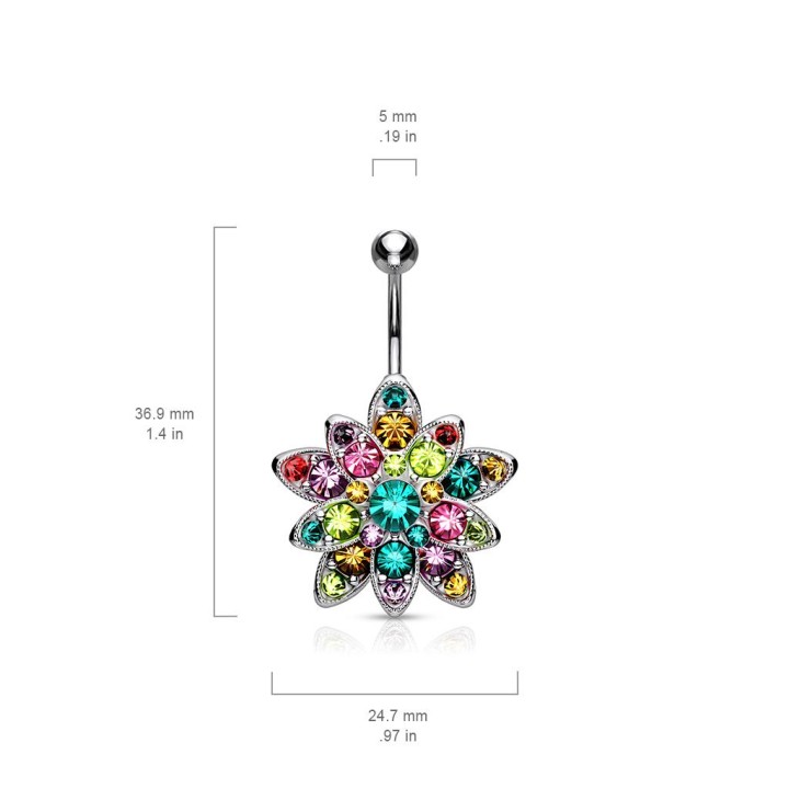 Piercing nombril fleur pétales multiclores