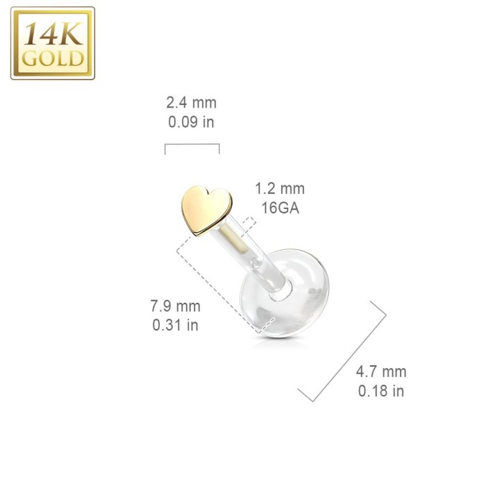 Piercing labret Bioplast coeur en Or Jaune 14 Carats