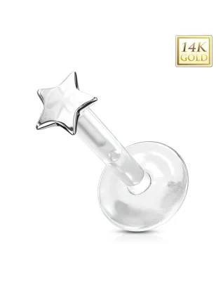 Piercing oreille labret Bioplast étoile en Or Blanc 14 Carats