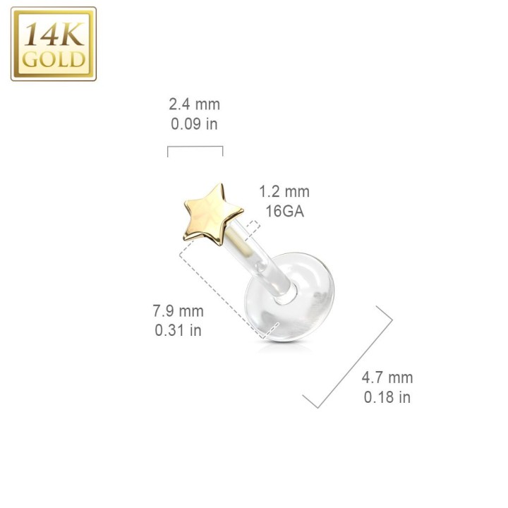 Piercing labret Bioplast étoile en Or Jaune 14 Carats