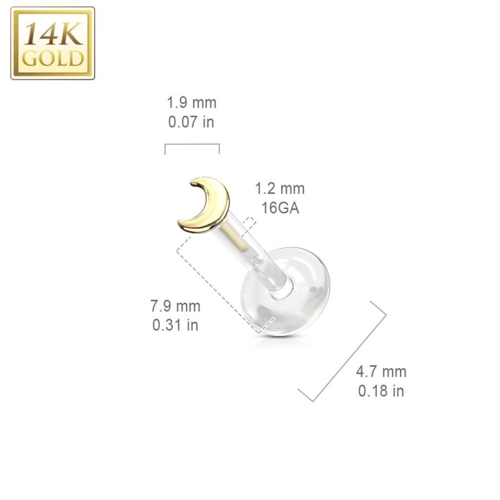 Piercing labret Bioplast embout lune en Or Jaune 14 Carats