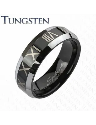 Bague Tungstène Chiffres Romains Noir