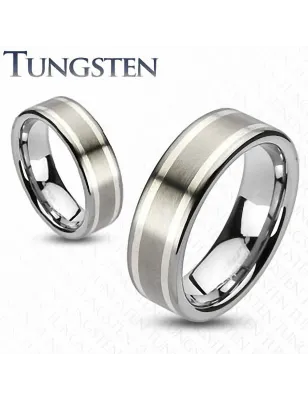 Bague homme tungstène double strie argentée