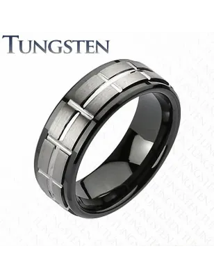 Bague homme tungstène noir centre argenté croix