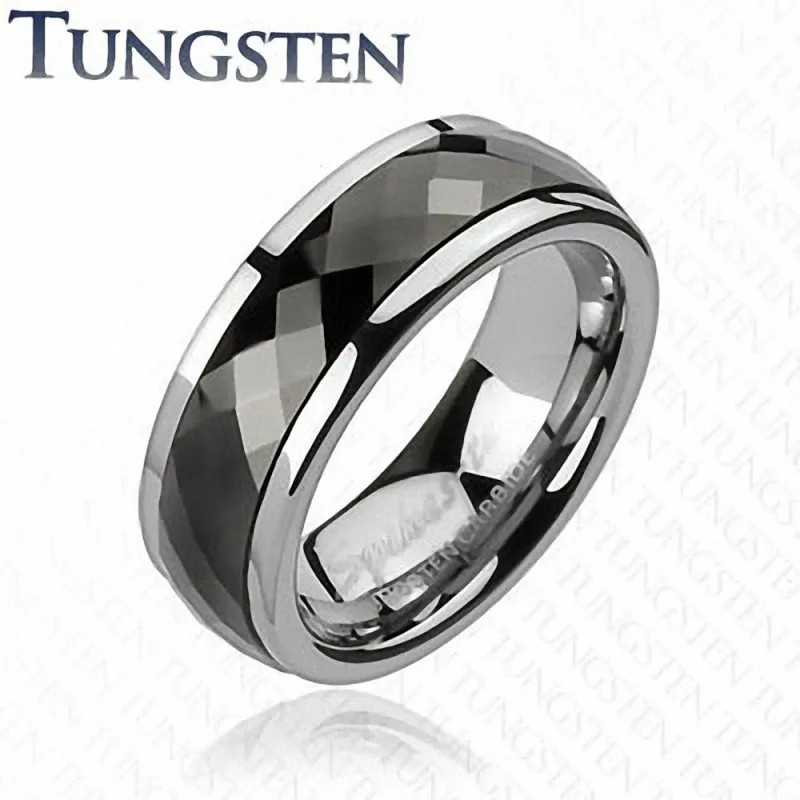 Bague en tungstène Spinner en céramique noire à facettes et diamants