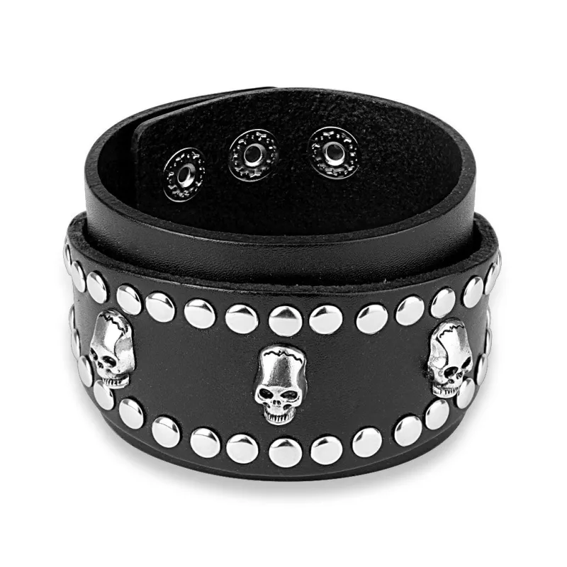 Bracelet homme en cuir noir trois skulls clous Bracelet homme en cuir noir trois skulls clous
