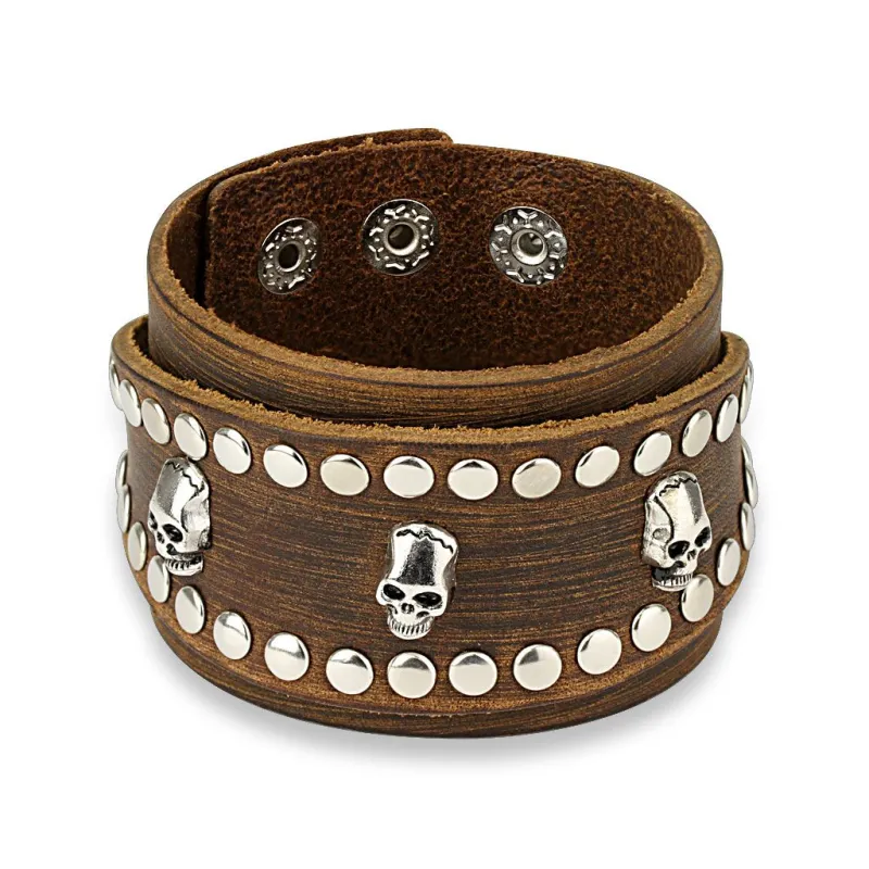 Bracelet homme en cuir marron trois skulls clous Bracelet homme en cuir marron trois skulls clous
