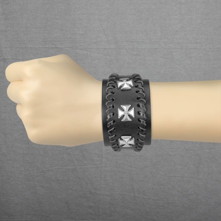 Bracelet homme en cuir noir trois croix de fer