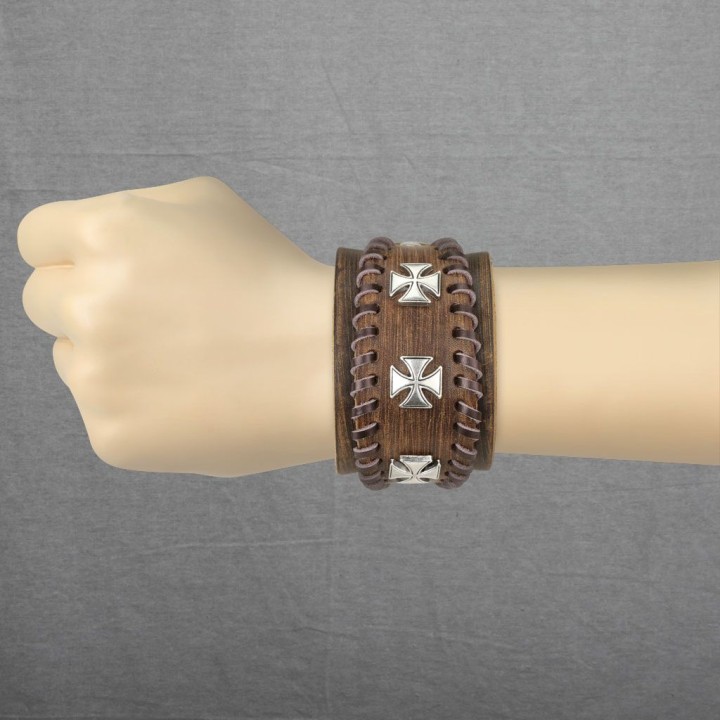 Bracelet homme en cuir marron trois croix de fer