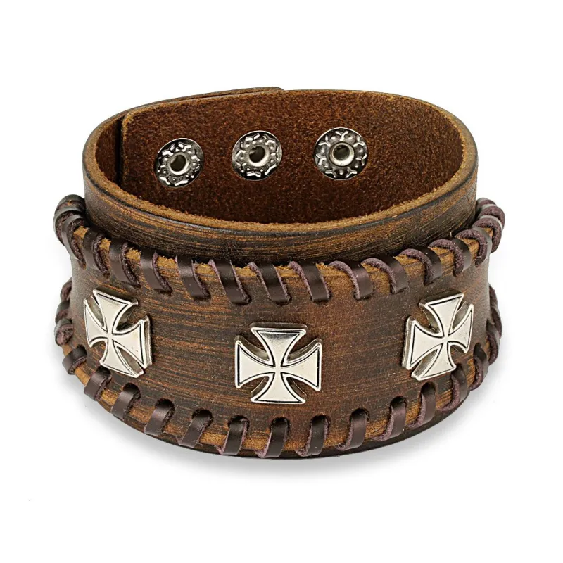 Bracelet homme en cuir marron trois croix de fer Bracelet homme en cuir marron trois croix de fer