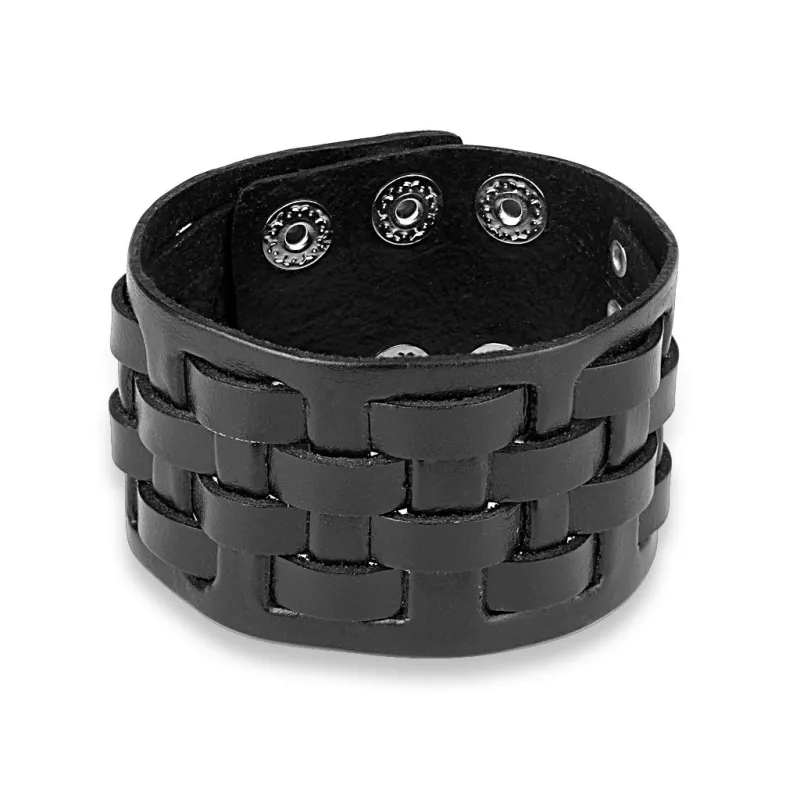 Bracelet homme en cuir noir à damier tissé Bracelet homme en cuir noir à damier tissé