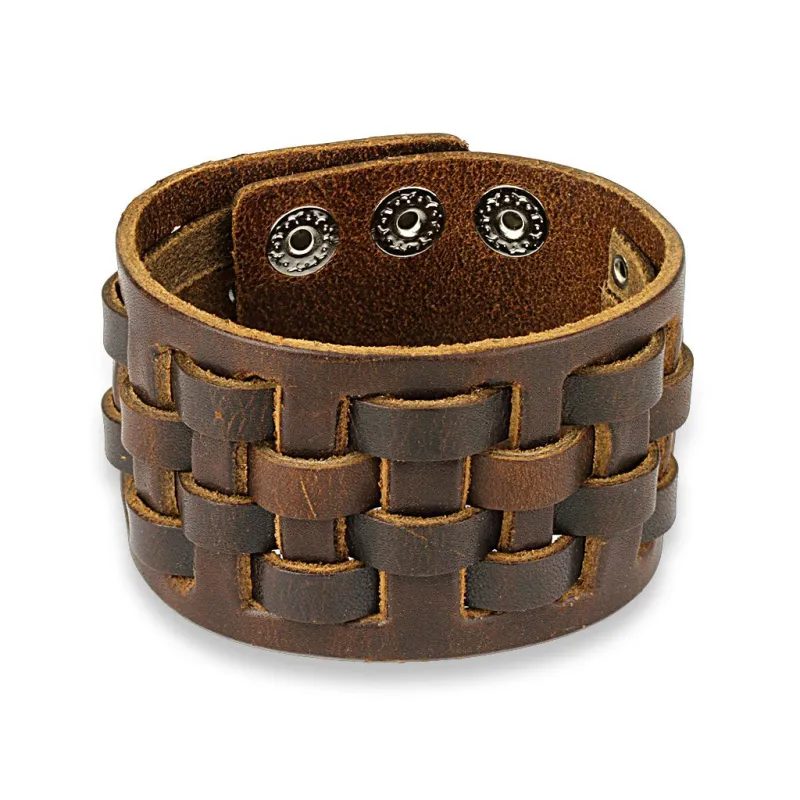 Bracelet homme en cuir marron à damier tissé Bracelet homme en cuir marron à damier tissé