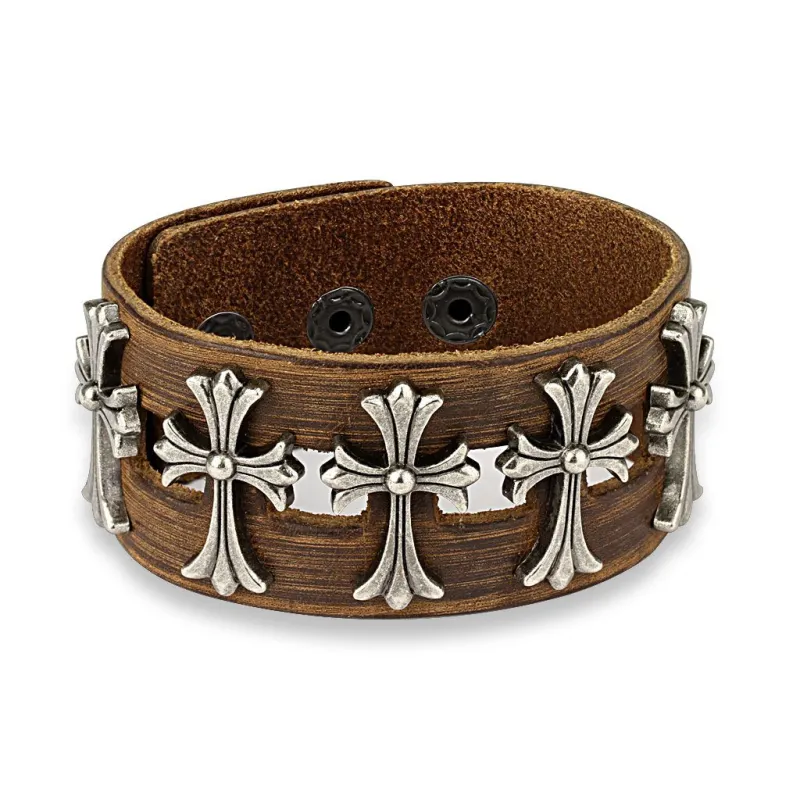 Bracelet homme en cuir marron avec cinq croix celtiques Bracelet homme en cuir marron avec cinq croix celtiques