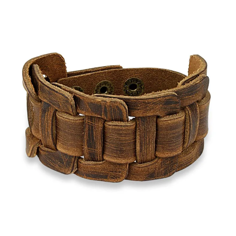 Bracelet homme en cuir marron à centre noué rectangulaire Bracelet homme en cuir marron à centre noué rectangulaire