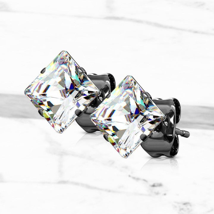 Paire Boucles d'oreille Clous Acier Noir Pierre Carrée Claire