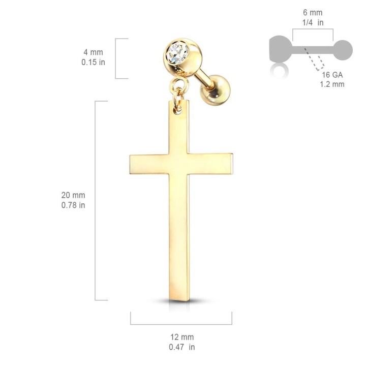 Piercing cartilage pendentif croix doré