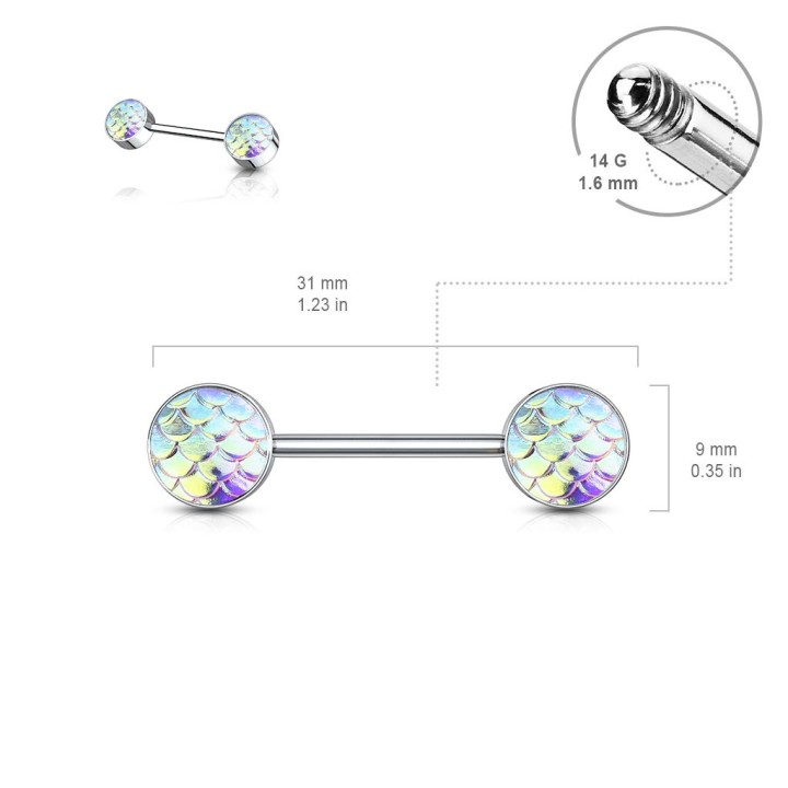 Piercing téton écailles de poisson aurore boréale