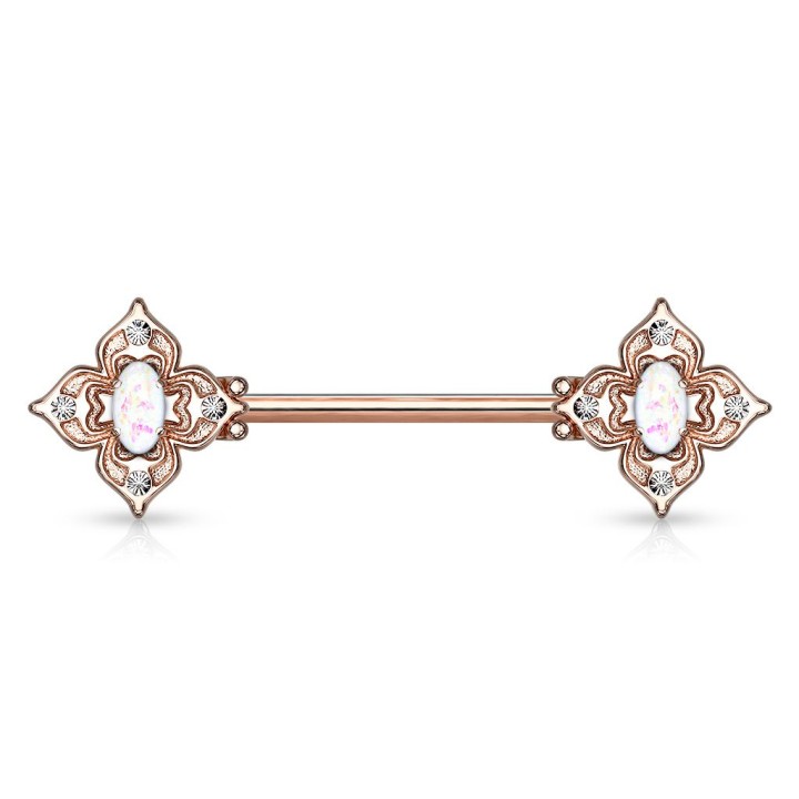 Piercing téton filigrane floral rosé opaline blanche