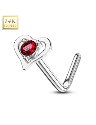 Piercing nez Or blanc 14 carats coeur gemme rouge