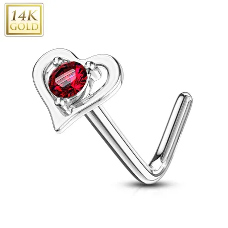 Piercing nez Or blanc 14 carats coeur gemme rouge