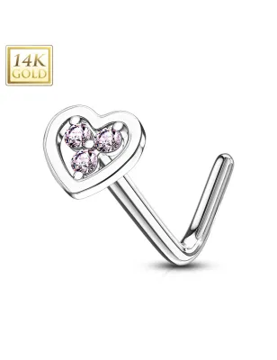 Piercing nez Or blanc 14 carats coeur trois strass roses