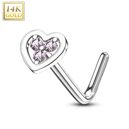 Piercing nez Or blanc 14 carats coeur trois strass roses