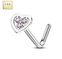 Piercing nez Or blanc 14 carats coeur trois strass roses