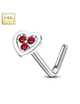 Piercing nez Or blanc 14 carats coeur trois strass rouges