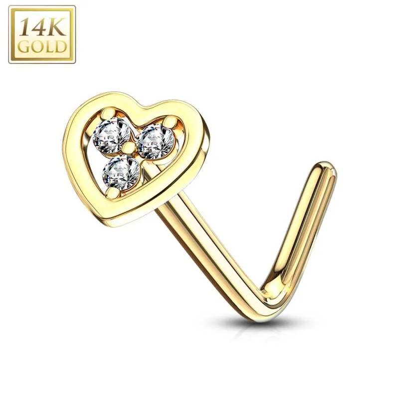 Piercing nez Or jaune 14 carats coeur trois strass