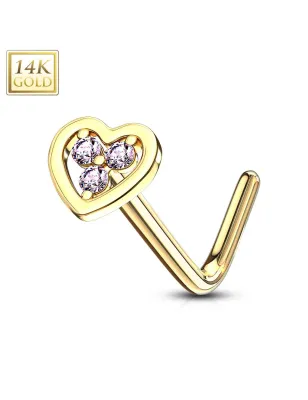 Piercing nez Or jaune 14 carats coeur trois strass roses