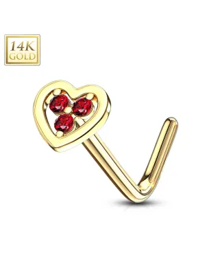 Piercing nez Or jaune 14 carats coeur trois strass rouges
