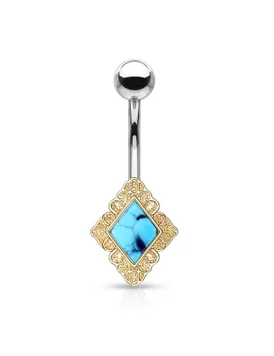 Piercing nombril losange filigrane doré turquoise