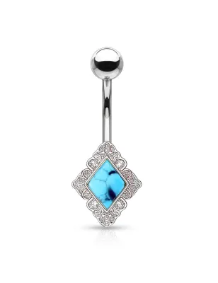 Piercing nombril losange filigrane argenté turquoise