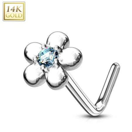 Piercing nez Or blanc 14 carats fleur pétales turquoise
