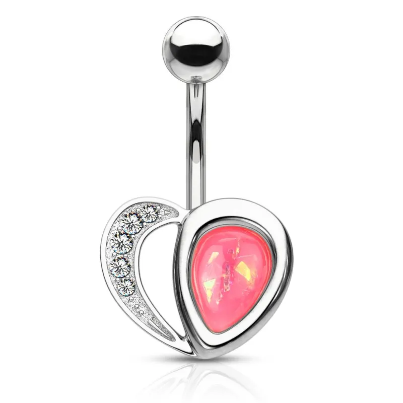 Piercing nombril coeur argenté opaline rose