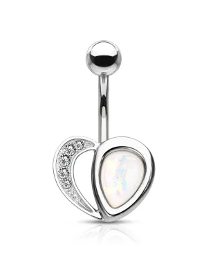Piercing nombril coeur argenté opaline blanche